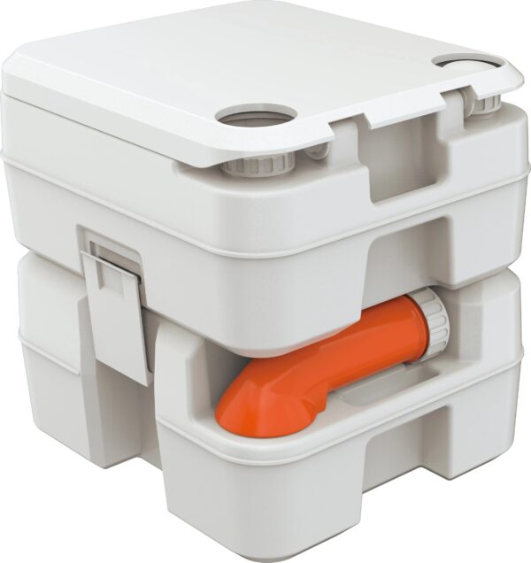 Two stacked gray and white plastic toolboxes with one open drawer revealing an orange hammer, on a white background.