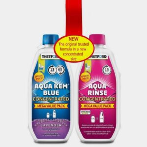 Two bottles of thetford aqua kem blue and aqua rinse, concentrated formulas, with a red ribbon announcing the new size. the left bottle is labeled "lavender" and the right one for a smoother flush.