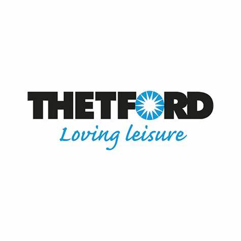 Logo of thetford with the tagline "loving leisure" in blue and black text, featuring a stylized design of a snowflake integrated within the letter "o" in "thetford".