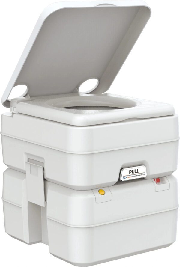 A portable white toilet with a top lid open, featuring a "pull" label and red switch, indicative of flush functionality.