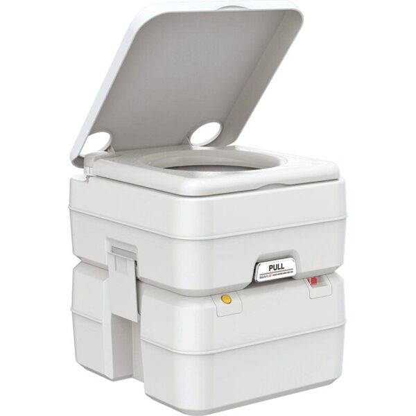 seaflo portable toilet displayed in a white background with an open lid