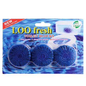 A package of "loo fresh toilet blocks" featuring three blue, flower-shaped toilet blocks against an underwater-themed background with the text "new longlasting," "air oma," and product benefits listed.