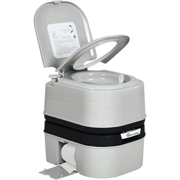 A 24L Large Portable Toilet for Indoor Use with a gray upper tank and a black base, featuring an open lid revealing a white seat and detailed instructions on the inner lid.